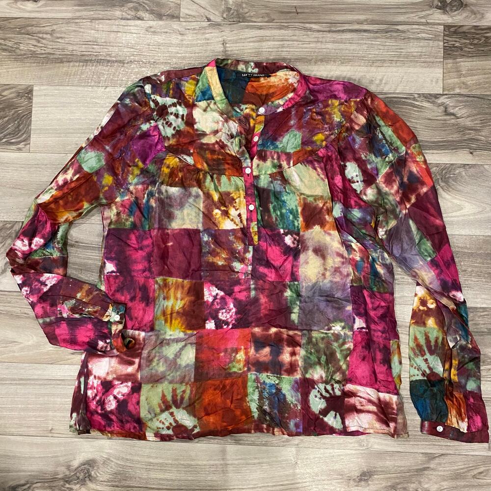 Lucky‎ Brand L Water Color Print Silk Flowy Pullover Button Front Blouse